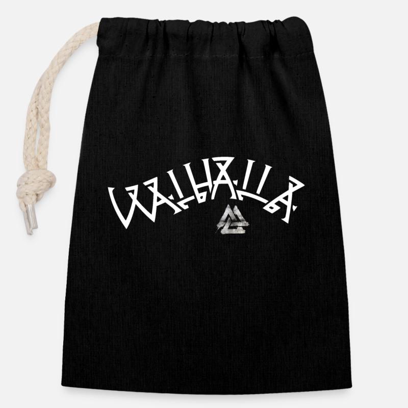Walhalla - Walknut Runen - Verschließbarer Geschenkbeutel aus Baumwolle (14x20cm) - Schwarz