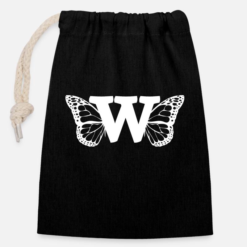 lettre w papillon - Sac cadeau en coton avec cordon (14 x 20 cm) - noir