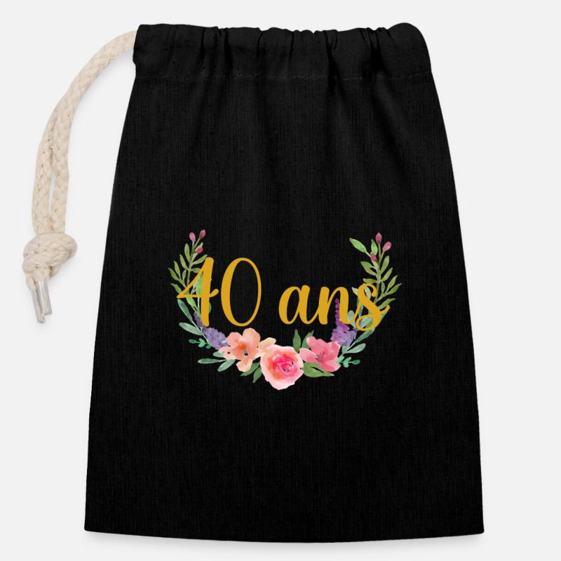40 ans annivesraire floral - Sac cadeau en coton avec cordon (14 x 20 cm) - noir