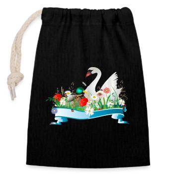 Schwan und Ente im See mit frühlingshaftem Ufer - Verschließbarer Geschenkbeutel aus Baumwolle (14x20cm) - Schwarz - Vorne
