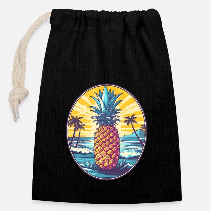 Pineapple Beach - Blumen Sommerurlaub Tee - Verschließbarer Geschenkbeutel aus Baumwolle (14x20cm) - Schwarz