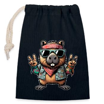 Capybara Peace Hippie - Closable cotton gift bag (14x20cm) - navy - Front