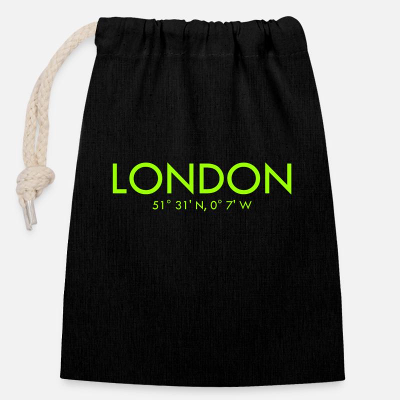 London - Coordinates - Latitude - Longitude - GB - Closable cotton gift bag (14x20cm) - black