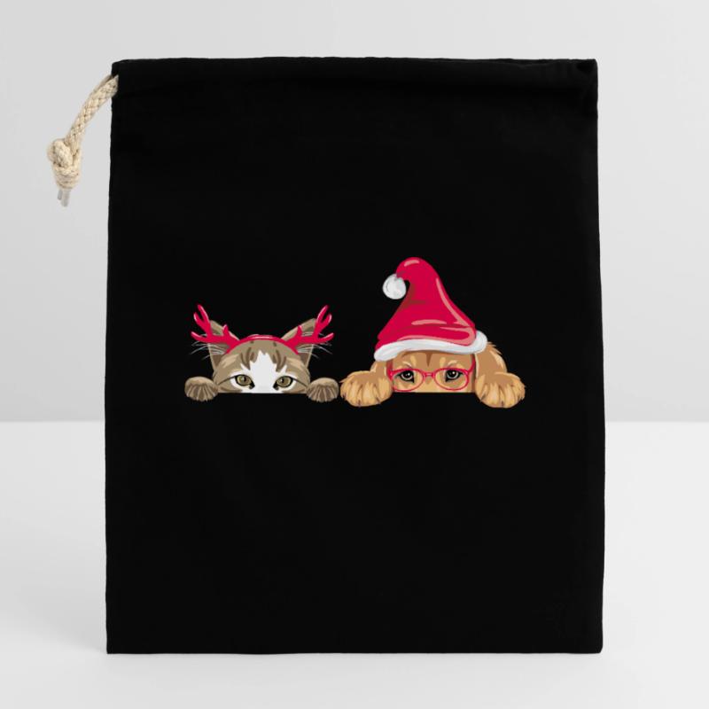 Regard sur le chiot et le chat dans les accessoires de Noël Sac cadeau en coton avec cordon (14 x 20 cm)