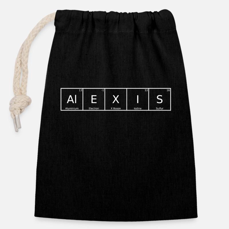 Alexis Nom Prénom Chimie Tableau périodique Éléments - Sac cadeau en coton avec cordon (14 x 20 cm) - noir