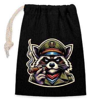 Raccoon Cigar Soldier - Closable cotton gift bag (14x20cm) - black - Front