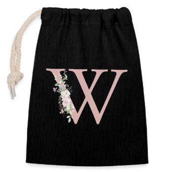 W Monogramme, Floral, Personnalisable - Sac cadeau en coton avec cordon (14 x 20 cm) - noir - Devant