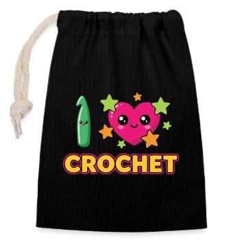 I Love Crochet Häkeln - Verschließbarer Geschenkbeutel aus Baumwolle (14x20cm) - Schwarz - Vorne