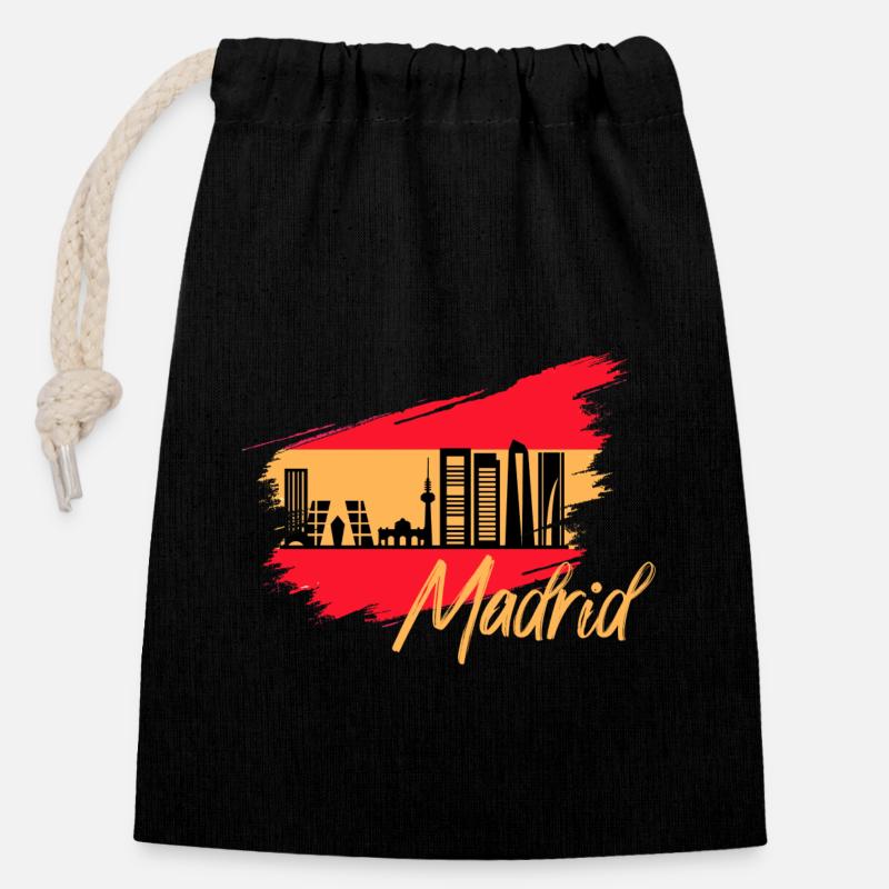 Skyline de drapeau espagne Madrid - Sac cadeau en coton avec cordon (14 x 20 cm) - noir