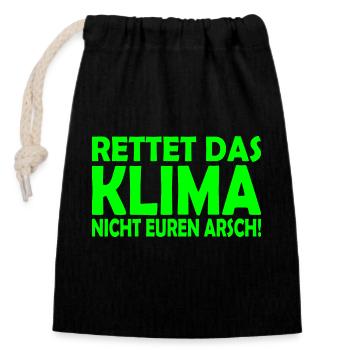 Klima retten - Verschließbarer Geschenkbeutel aus Baumwolle (14x20cm) - Schwarz - Vorne