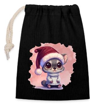 Chat de Noël, mignon et mignon avec une casquette - Sac cadeau en coton avec cordon (14 x 20 cm) - noir - Devant