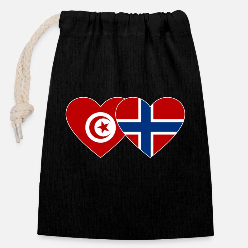 Tunesien Norwegen Flagge Herz - Verschließbarer Geschenkbeutel aus Baumwolle (14x20cm) - Schwarz