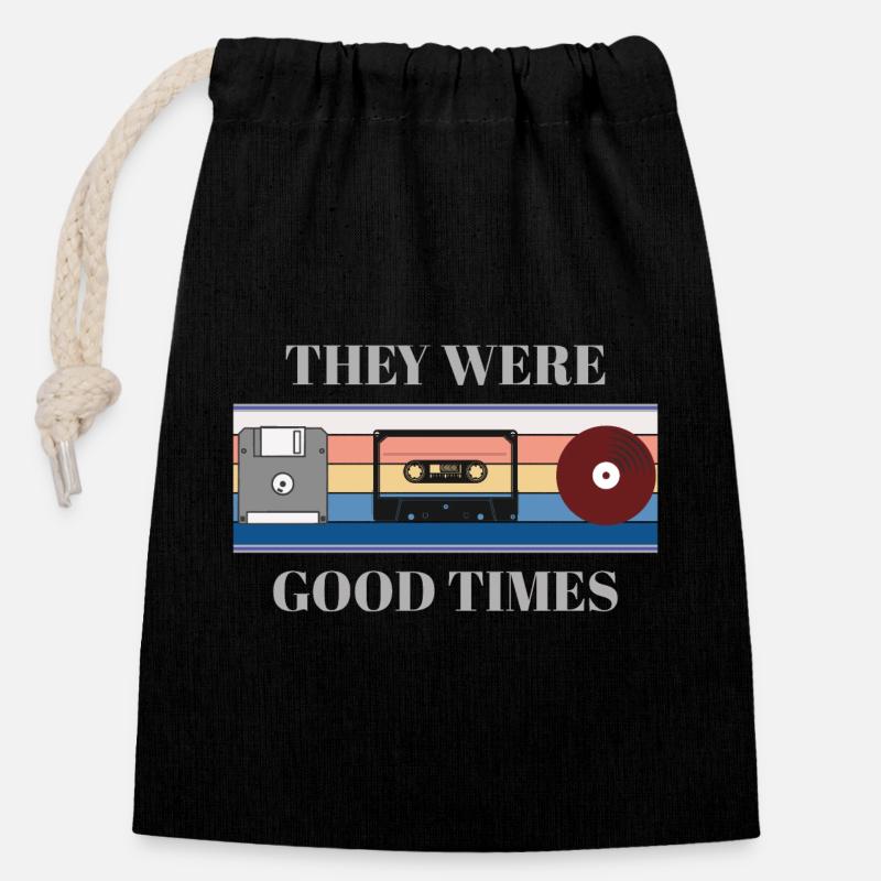 Année - Cassette - Disque -Vinyle - Cadeau - Sac cadeau en coton avec cordon (14 x 20 cm) - noir