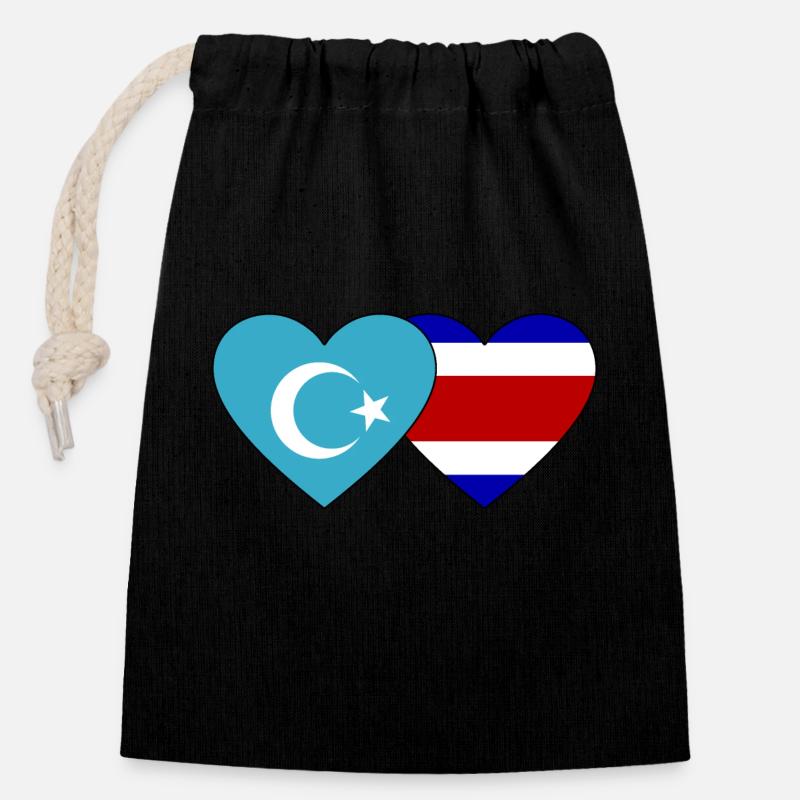 Uiguren Costa Rica Flagge Herz - Verschließbarer Geschenkbeutel aus Baumwolle (14x20cm) - Schwarz