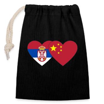 Serbie Chine Drapeau du Cœur - Sac cadeau en coton avec cordon (14 x 20 cm) - noir - Devant
