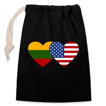 Lithuania USA Flag Heart - Closable cotton gift bag (14x20cm) - black - Front