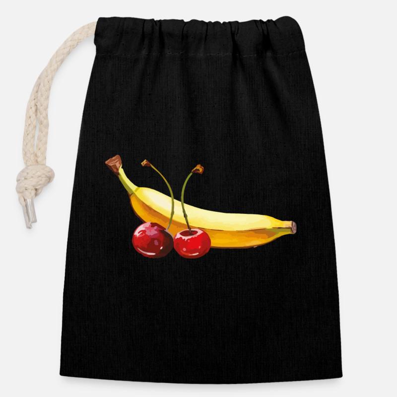 Cerises bananes - Sac cadeau en coton avec cordon (14 x 20 cm) - noir