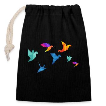 Multicolored paper birds - Closable cotton gift bag (14x20cm) - black - Front