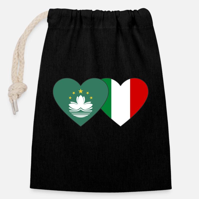 Macau Italien Flagge Herz - Verschließbarer Geschenkbeutel aus Baumwolle (14x20cm) - Schwarz