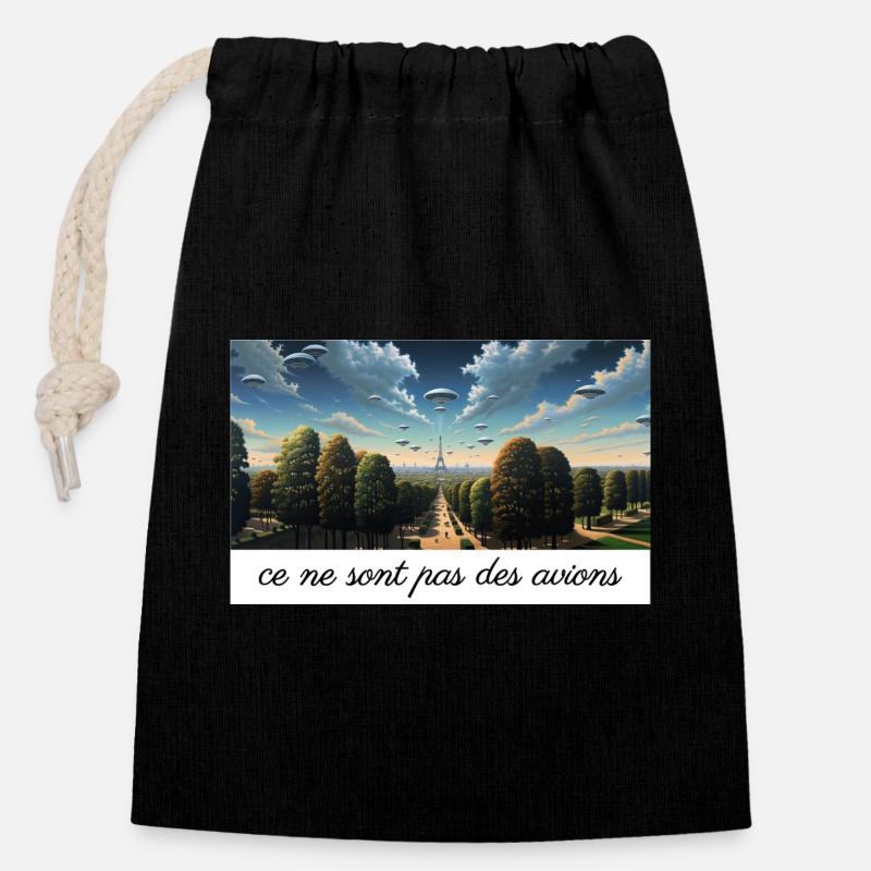 UFOs über Paris - Magritte - Verschließbarer Geschenkbeutel aus Baumwolle (14x20cm) - Schwarz