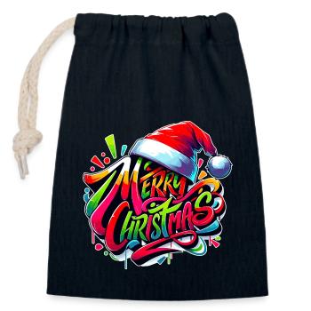 Joyeux Noël Graffiti Sil - Sac cadeau en coton avec cordon (14 x 20 cm) - bleu marine - Devant