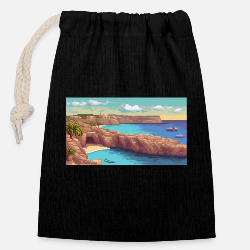 Île de Comino, Malte - Pixel Art - Sac cadeau en coton avec cordon (14 x 20 cm) - noir