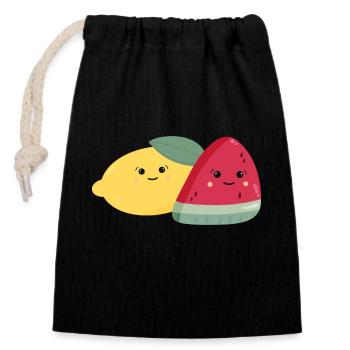Kawaii Zitrone & Melone - Verschließbarer Geschenkbeutel aus Baumwolle (14x20cm) - Schwarz - Vorne