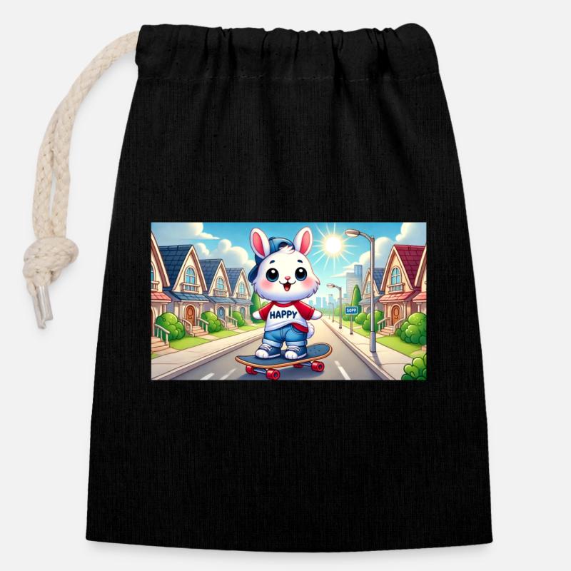 Happy Hase Skateboard - Verschließbarer Geschenkbeutel aus Baumwolle (14x20cm) - Schwarz