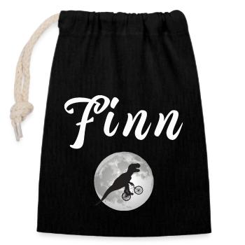 FINN - Schöner Jungen Name mit Dinosaurier - Verschließbarer Geschenkbeutel aus Baumwolle (14x20cm) - Schwarz - Vorne