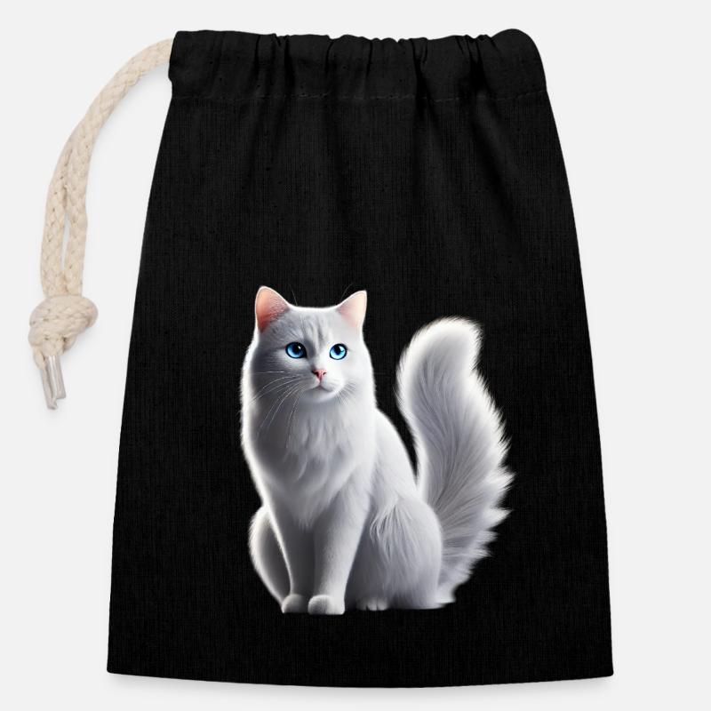 Cat White Blue Eyes - Closable cotton gift bag (14x20cm) - black