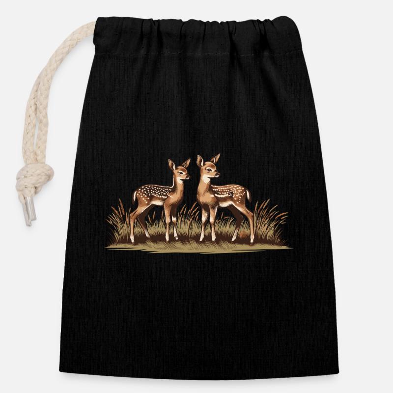 Rehe auf Wiese - Verschließbarer Geschenkbeutel aus Baumwolle (14x20cm) - Schwarz