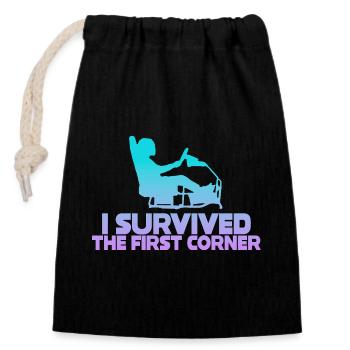 I Survived The First Corner - Closable cotton gift bag (14x20cm) - black - Front