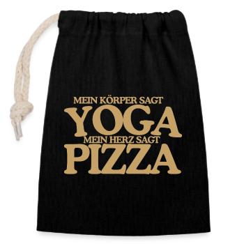 Yoga oder Pizza Lustiger Retro Spruch Design - Verschließbarer Geschenkbeutel aus Baumwolle (14x20cm) - Schwarz - Vorne