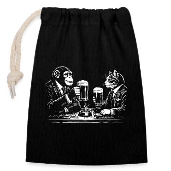 Chimp and Cat drinking beer in the pub - Closable cotton gift bag (14x20cm) - black - Front