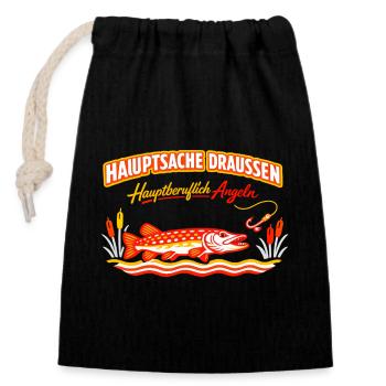Hauptsache Draußen Angeln Fischdesign - Verschließbarer Geschenkbeutel aus Baumwolle (14x20cm) - Schwarz - Vorne