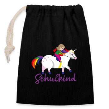 Schulkind Einhorn - Verschließbarer Geschenkbeutel aus Baumwolle (14x20cm) - Schwarz - Vorne