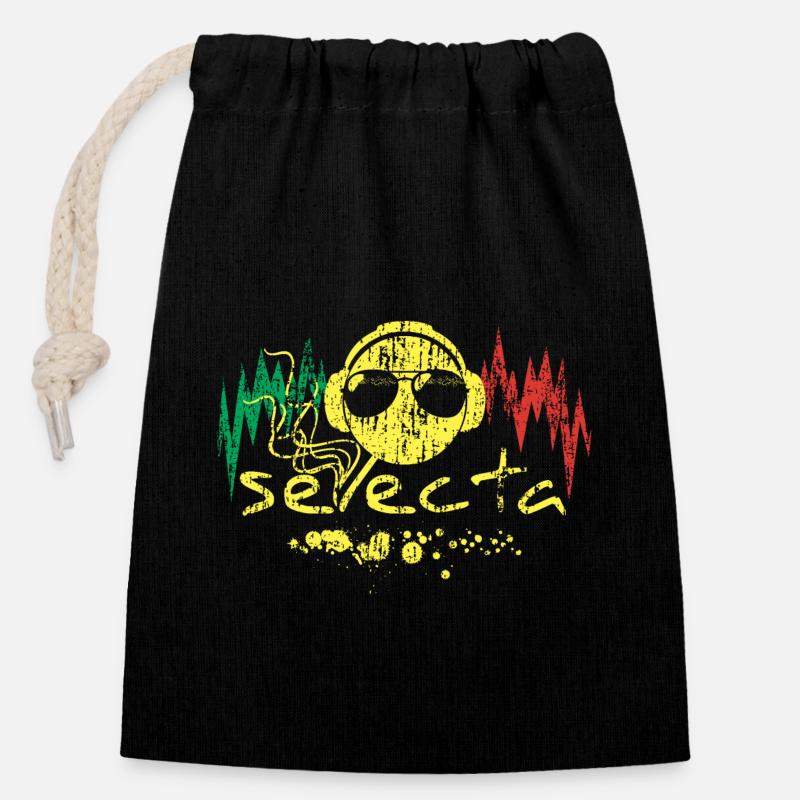 Selecta - DJ Musique Reggae Vintage de Jamaïque - Sac cadeau en coton avec cordon (14 x 20 cm) - noir