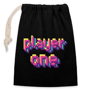 player one gamer 80s 90s style retro shirt - Closable cotton gift bag (14x20cm) - black - Front