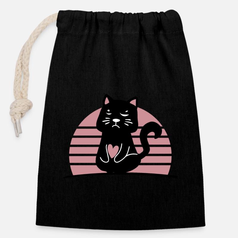 Schwarze Katze - Verschließbarer Geschenkbeutel aus Baumwolle (14x20cm) - Schwarz
