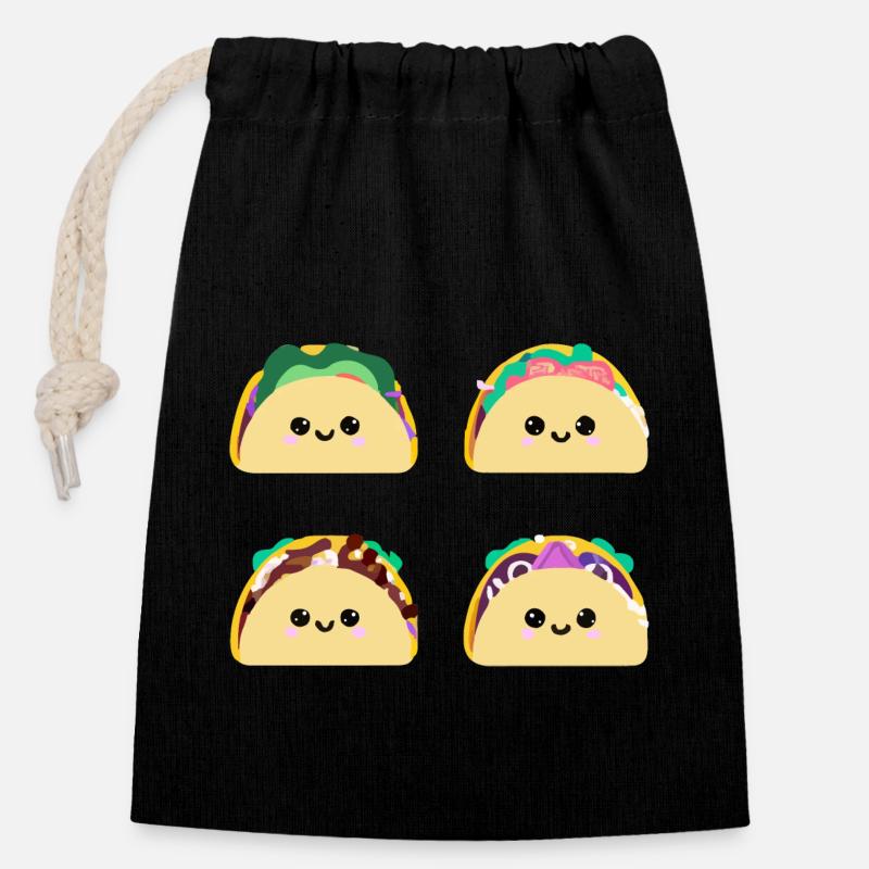 Les tacos Kawaii - Sac cadeau en coton avec cordon (14 x 20 cm) - noir