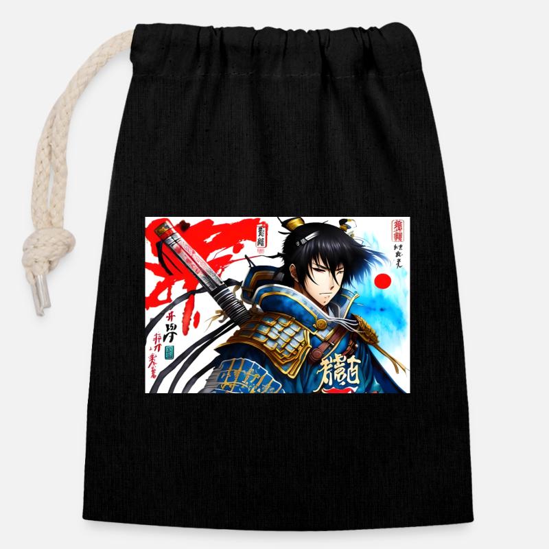 Manga Samurai Anime - Sac cadeau en coton avec cordon (14 x 20 cm) - noir