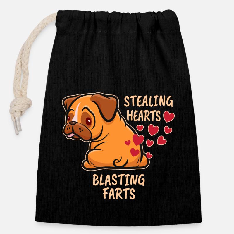 Stealing hearts blasting farts - Mops Furzen - Verschließbarer Geschenkbeutel aus Baumwolle (14x20cm) - Schwarz