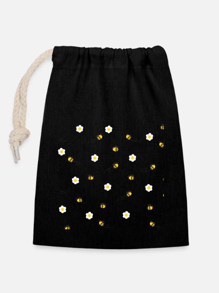 Abeilles et fleurs - Sac cadeau en coton avec cordon (14 x 20 cm) - noir