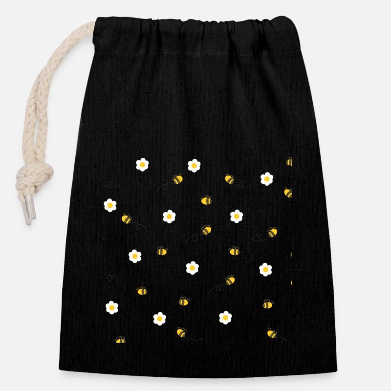 Bees and flowers - Closable cotton gift bag (14x20cm) - black