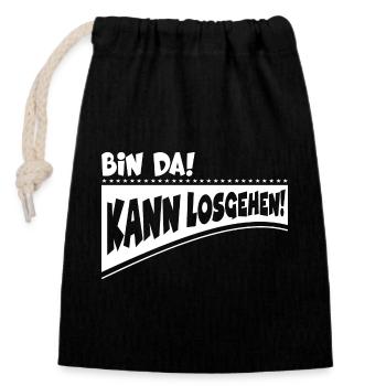 Bin da, kann losgehen - Verschließbarer Geschenkbeutel aus Baumwolle (14x20cm) - Schwarz - Vorne