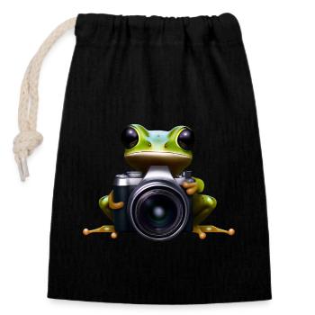 Frosch Fotograf im Einsatz - Verschließbarer Geschenkbeutel aus Baumwolle (14x20cm) - Schwarz - Vorne