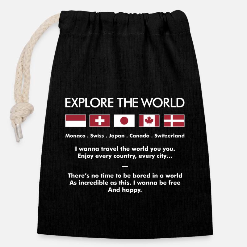 Explorez le monde a - Sac cadeau en coton avec cordon (14 x 20 cm) - noir