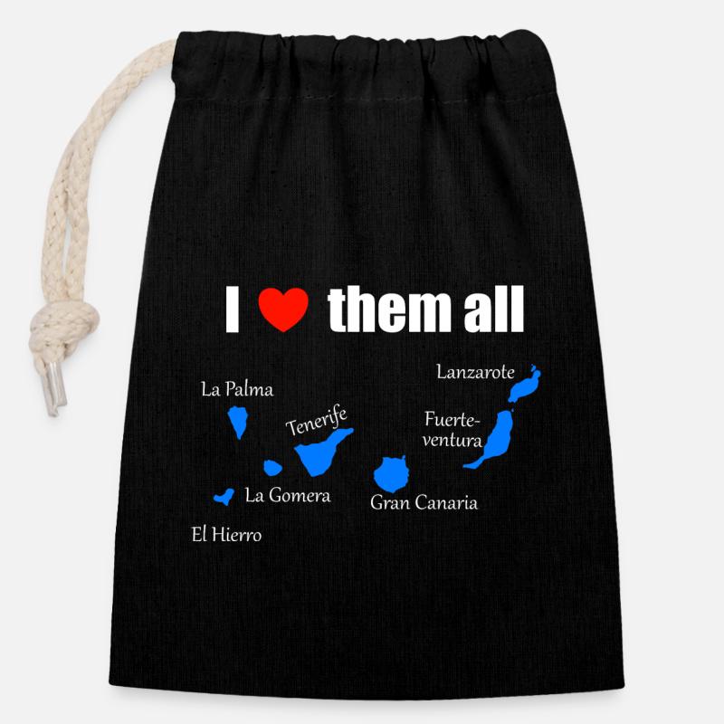 Je les aime tous - Îles Canaries - Sac cadeau en coton avec cordon (14 x 20 cm) - noir
