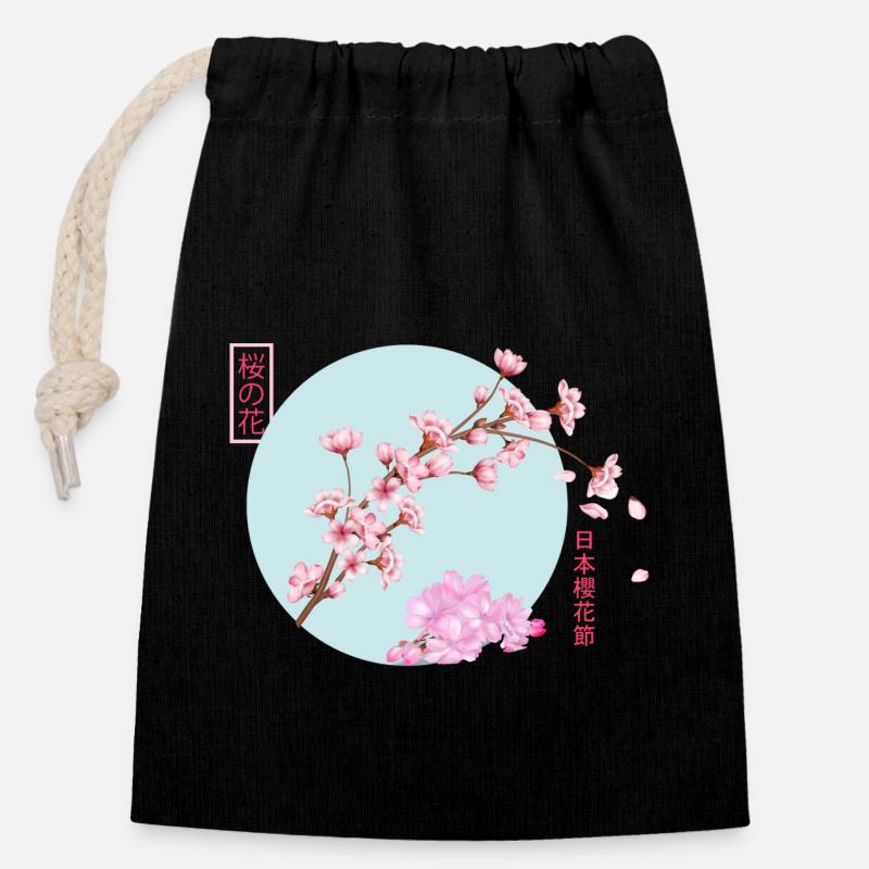 Cherry Blossom Branch - Sac cadeau en coton avec cordon (14 x 20 cm) - noir