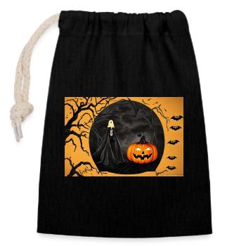 Halloween-Kürbis - Verschließbarer Geschenkbeutel aus Baumwolle (14x20cm) - Schwarz - Vorne
